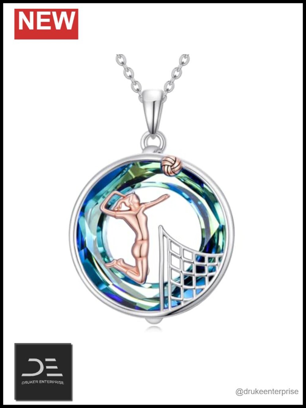 Sterling Silver Volleyball Pendant Necklace Women Sport Jewelry Gift Crystal